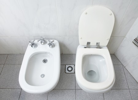 Modern bathroom part with white open lavatory pan and bidetの写真素材