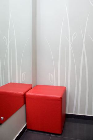 The empty fittnig room with red padded stoolの写真素材