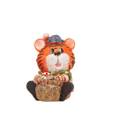 Tiger toy figurine wearing as Santa on white background isolatedの写真素材