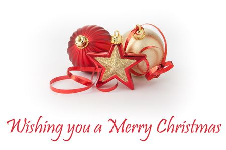 Christmas decoration balls and star red and gold with ribbon on whiteの写真素材
