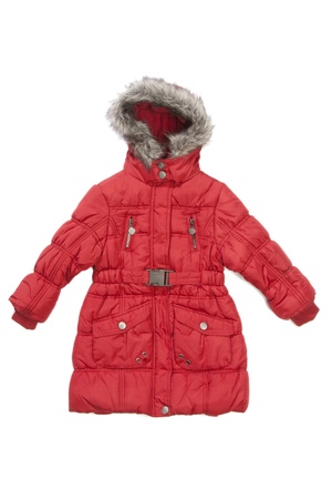 Red girl jacket with fur on whiteの写真素材