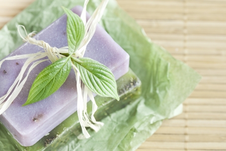 Two soap bars with natural ingredientsの写真素材