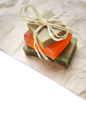 Three soap bars with natural ingredients の写真素材