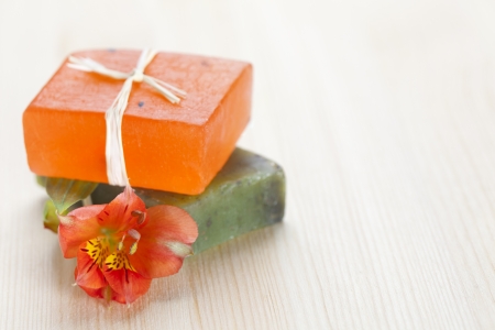 Two soap bars with natural ingredients の写真素材