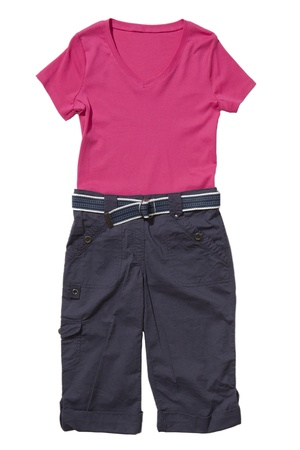 Set of pink t-shirt and blue shorts with belt isolated on white の写真素材