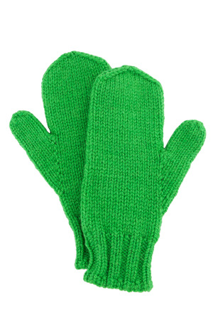 Green wool mittens on white isolatedの写真素材