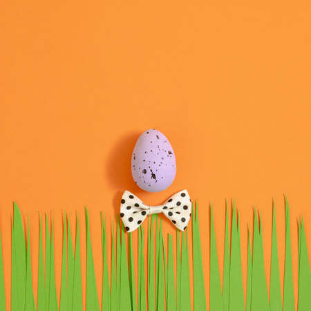 Easter egg with bow tie and easter bunny ears made of leaves. Layout on orange background with green...