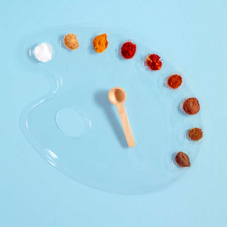 Various spices in a transparent painting palette and wooden spoon lay down against cyan background. Flat lay minimal creative conceptの写真素材