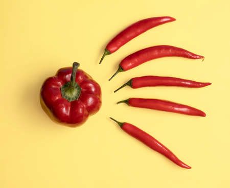 Paprika and red chili peppeprs lay down on a pastel yellow background, flat lay compositionの写真素材