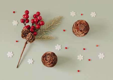 Pine twig, pine cones, red berries and snowflakes lay down on pastel background. Minimal flat lay composition, Christmas and New Year decorative  conceptの写真素材