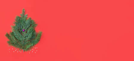 Orthodox New YearÂ´s greeting card made of pine tree branches and decoration ball. Minimal flat lay composition on red background, banner with copy spaceの写真素材