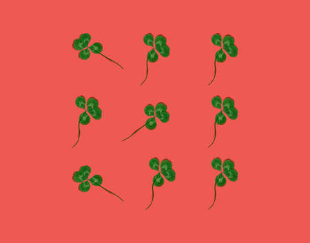 Four-leaf clovers against orange background, flat lay seamless pattern, minimal spring concept for...