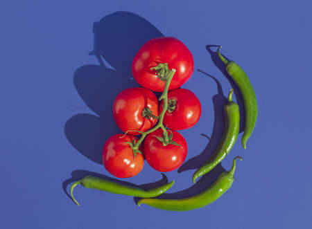 Tomato branch and green peppers on pastel blue background. Minimal horizontal flat lay composition,  healthy eating conceptの写真素材