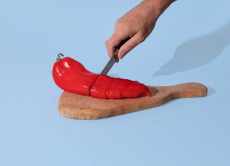 Male hand holds a knife and sliced red pepper on a wooden cutting board. Minimal horizontal composition on blue gray background, healthy eatimg conceptの写真素材