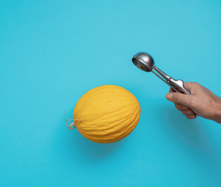 Yellow honey melon and male hand with ice cream spoon on blue background. Minimal horizontal composition, delicious food conceptの写真素材