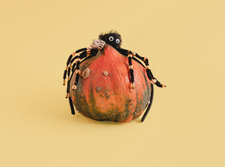 Pumpkin and artificial spider on a yellow background. Minimal horizontal composition, funny Halloween celebration conceptの写真素材