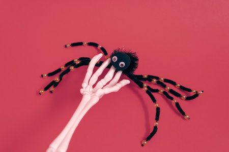 Skeleton hand cuddling artificial spider. Minimal horizontal composition on a red background, funny Halloween celebration conceptの写真素材