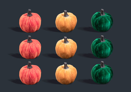 Artificial pumpkins on black background. Minimal seamless pattern, horizontal composition, Halloween decoration conceptの写真素材