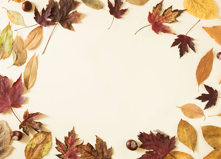 Autunmn leaves and chestnuts on light yellow background with copy space. Minimal horizontal flat lay...
