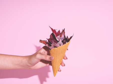 Female hand holds maple leaves in ice cream cone. Minimal horizontal composition on pink background, funny autumn beauty conceptの写真素材