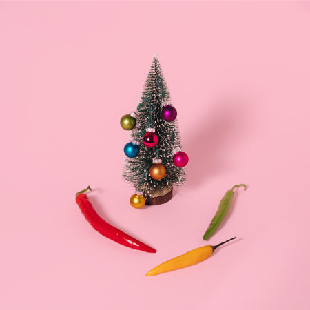 Decorated Christmas tree and hot peppers on pastel pink background. Minimal vertical composition,  Christmas and New Year funny abstract decorative conceptの写真素材