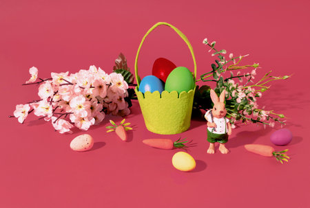 Easter Bunny, eggs in basket, carrots spring tree branch and flowers on red background. Minimal...