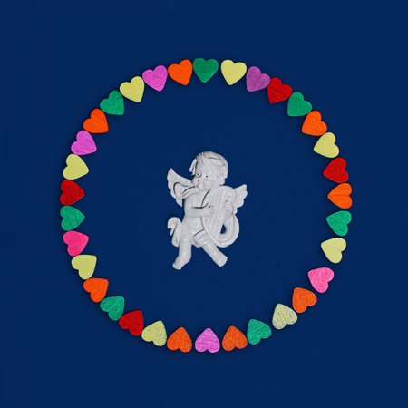 Angel Cupid with the harp and hearts circle on blue background. Minimal square flat lay composition, love celebration retro conceptの写真素材