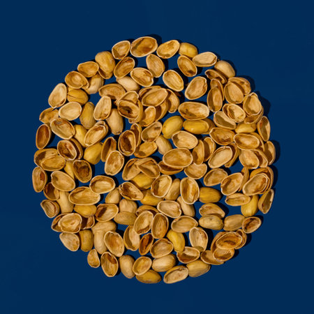 Pistachio shells lies down in circle on dark blue background. Square minimal flat lay composition,...