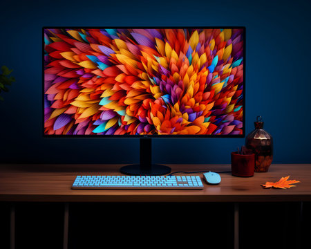 Colorful leaves on the LCD computer screen, minimalistic autumn foliage  beauty conceptの素材