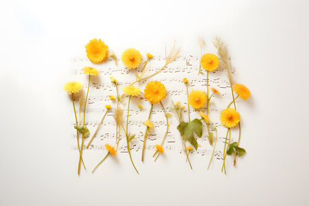 Dandelion flowers lay down on white sheet music,  Flat lay abstract minimal spring conceptの素材
