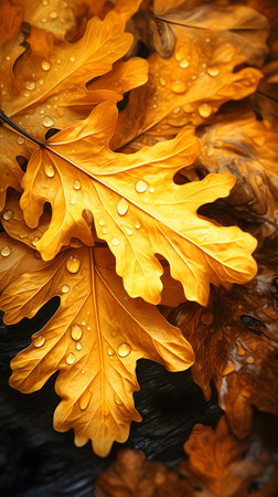 Yellow oak leaves with raindrops, minimalistic autumn foliage  beauty conceptの素材