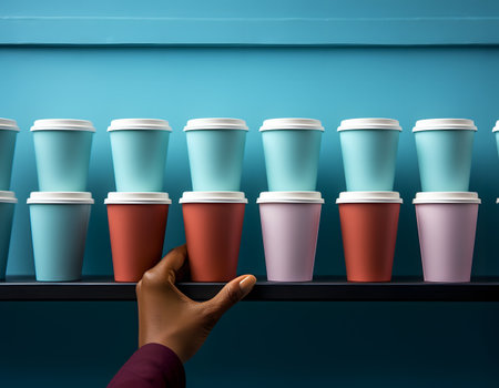Human hand pick a cup of coffee, pastel colors, minimal coffee lovers conceptの素材