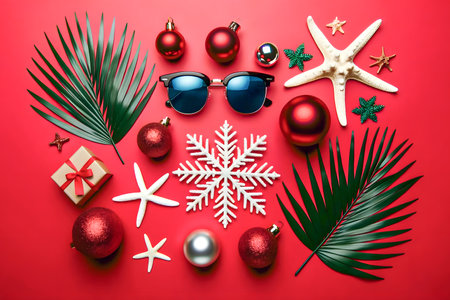 Palm leaves, fishstars, snow flakes, sunglasses and Christmas baubles on red background. Minimal flat lay composition, tropical  Christmas and New Year decorative  conceptの素材