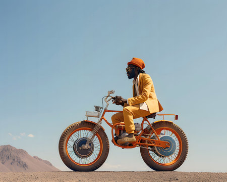 Rear view of a young African American man in a yellow suit riding a vintage motor bike in the desert, funny transportation conceptの素材