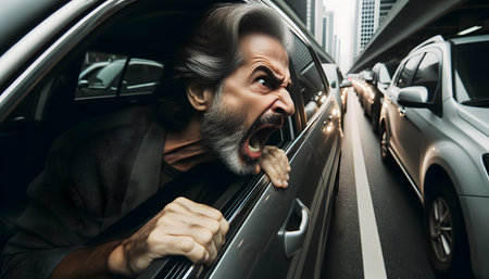 A bearded angry man is sitting in the car and yelling at the drivers. Modern stressed urban life conceptの素材