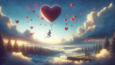 A man in heaven flies with a heart-shaped balloon, falling in love concept, St. Valentines day backgroundの素材