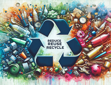 Recycling symbol with trash and garbage on colorful background. 3d illustrationの素材