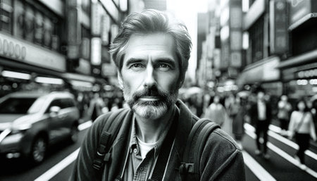 Black and white portrait of a handsome middle-aged man with gray hair and beard looking at camera in city streetの素材