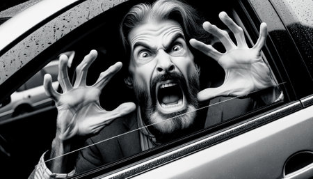 Black and white photo of a bearded angry man sitting in the car and yelling at the drivers, modern stressed urban life conceptの素材