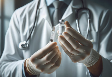 Close up of doctor hands holding syringe and vial with medicationの素材