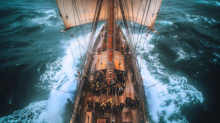 Aerial view of the bow of a sailing ship. 3D Renderingの素材