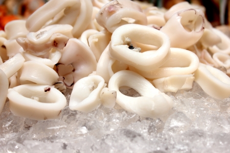 A Cut boiled squid rings on iceの写真素材