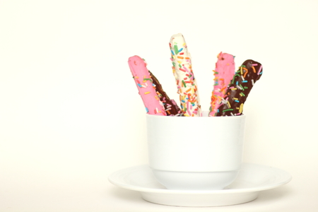 A Chocolate biscuit stick isolated on white background.の写真素材