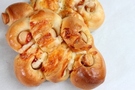 A Cheese sausage bread  on white background.