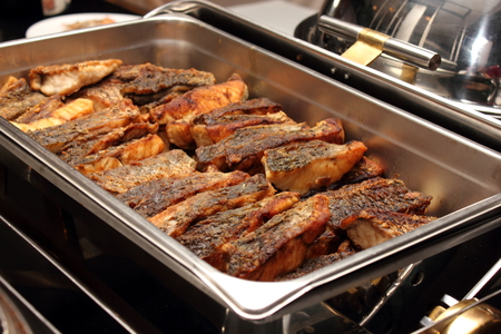 Salmon Slices grilled with spices.Close-up view.の写真素材