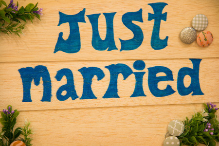 The honeymoon happy  sign reading Just Married.の写真素材