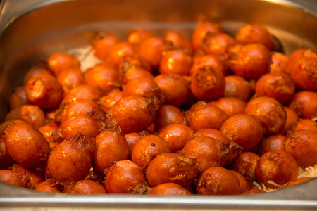 A Cooked Mini cocktail chicken Sausage in dishの写真素材