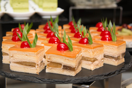 banana dessert with fresh fruit on buffet line, sweet