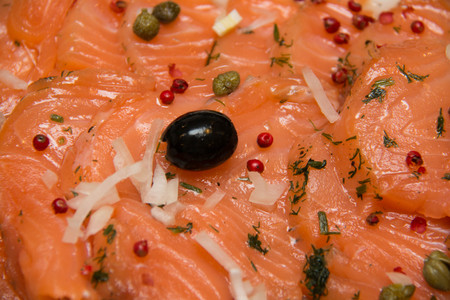 A Salmon fresh and pickled on boardの写真素材