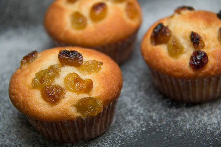 A raisin muffin on a white background.の写真素材
